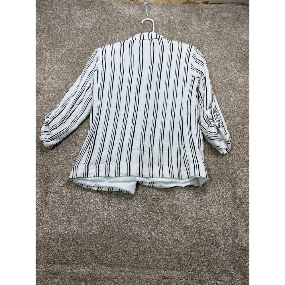 Jennifer Lopez Womens XS White Black Striped Open Front Roll‎ Tab Sleeve Blazer